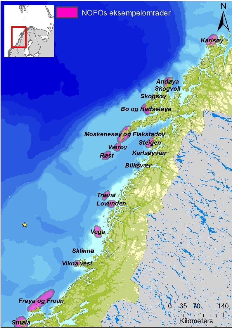 Figur 5: Influensområde for overflateutslipp i vinter- og vårsesongen. Influensområdene viser sannsynligheten for ankomst av mer enn 1000 kg olje i mer enn 5% av enkeltsimuleringene.