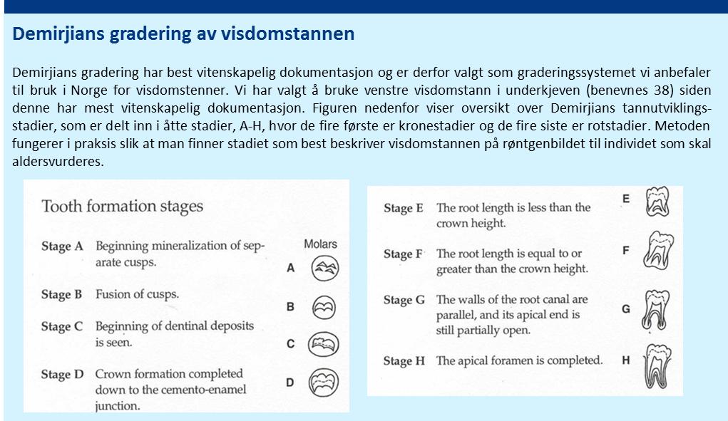 5.2 Aldersestimering basert på tannrøntgen Utvikling av tenner graderes ved hjelp av ulike systemer basert på tannmodning av krone og rot.