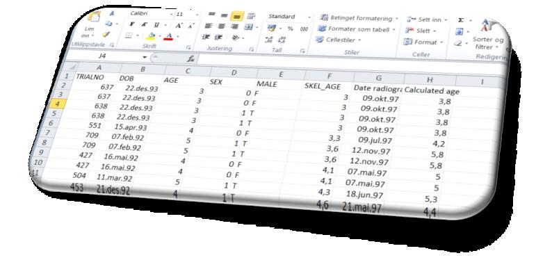 Figur 11. Dataformater for studiene inkludert i verktøyet 7.2.1 Type 1 Dette er det optimale dataformatet der nøyaktig kronologisk alder og stadium er angitt for hvert enkelt individ.