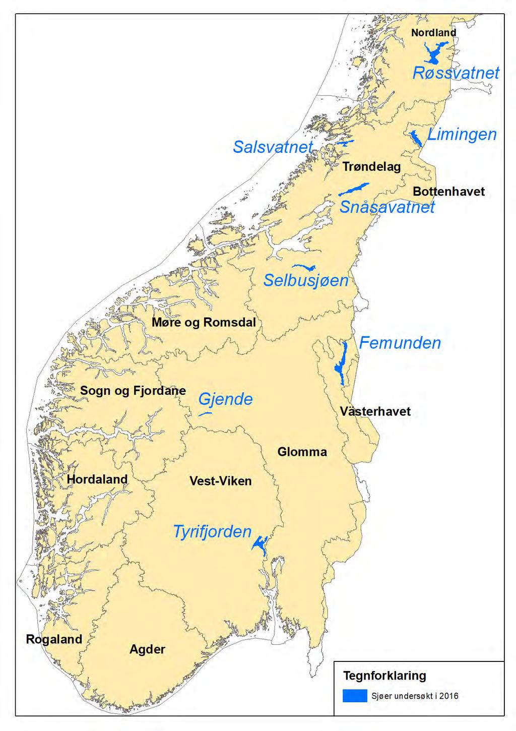 Figur 1. Geografisk beliggenhet til de åtte store innsjøene i ØKOSTOR i 2016. Sorte linjer og sort tekst gjelder vannregioner.
