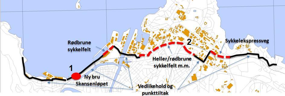 Brattørruta Tiltaksbeskrivelse I planperioden tas det sikte på å etablere et sammenhengende sykkeltilbud fra Fagervika over Ilsvika og Skansenløpet fram til Brattøra og Pirbrua.