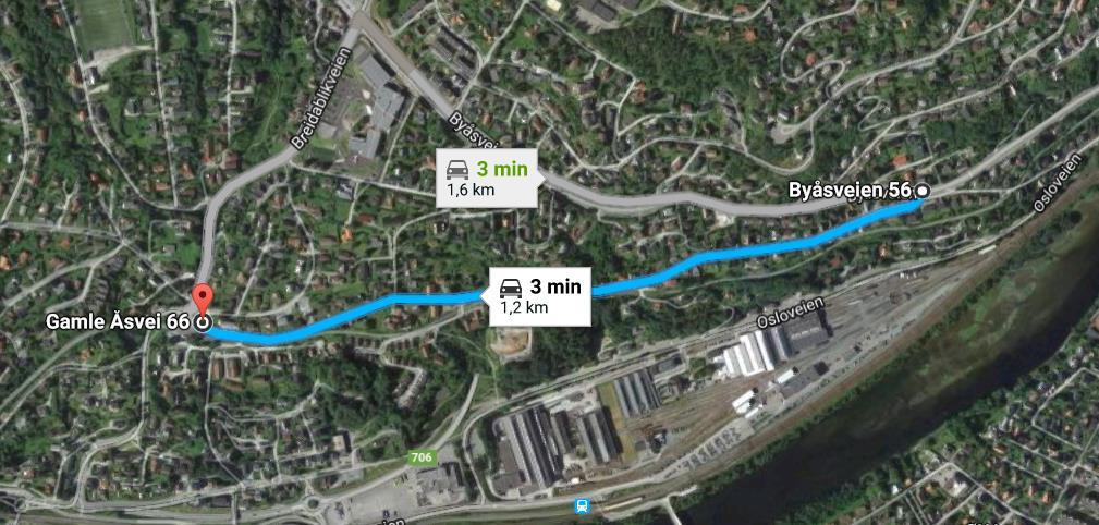 4 Figur 4: Reisetid rute via Gamle Åsvei (blå) eller via Breidablikkveien - Byåsveien (grå) (Google, 2018) 3.