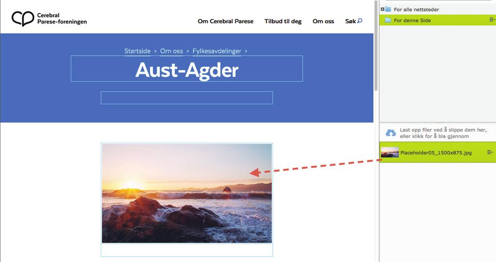 For å legge til bildet på selve fylkesiden, drar du bildet fra ressursfeltet til bildefeltet: Redigere bildetekst: klikk