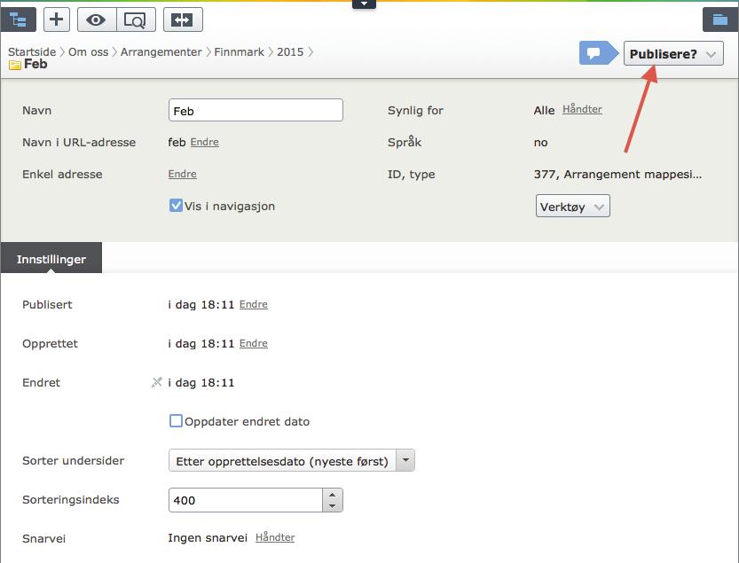 Etter at du har trykket «OK», vil du få opp sideinnstillingene. Du trenger ikke å endre noe, bare klikk på «Publisere?». Dette gjelder både for års- og månedsmapper.