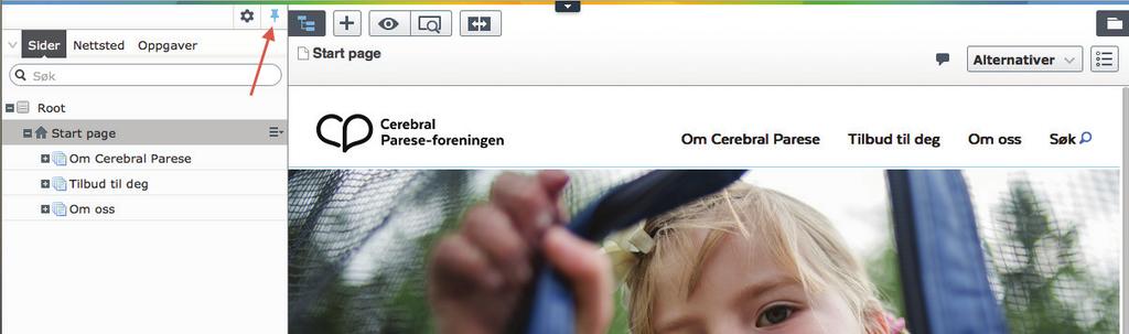 Vis / skjul navigasjonsfelt Navigasjonsfeltet vises på venstre side i EPiServer. Feltet viser strukturen på nettsiden, eller «innholdstreet».