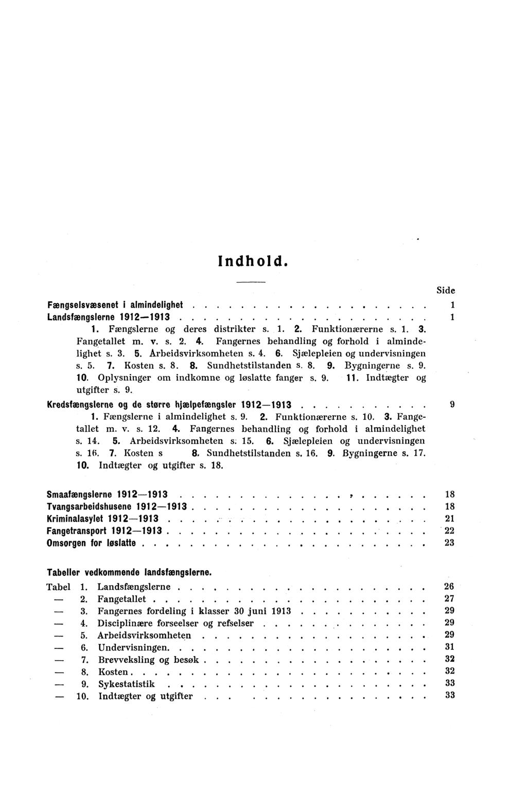 Indhold. Fængselsvæsenet i almindelighet. Landsfængslerne 99... Fængslerne og deres distrikter s... Funktionærerne s... Fangetallet m. v. s... Fangernes behandling og forhold i almindelighet s.. 5.