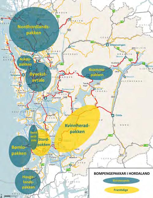 5.3.1 Bompengepakkar Eksisterande og framtidige bompengepakkar i Hordaland på fylkesveg Kvammapakken, Kvam herad Kvammapakken er eit bompengeprosjekt for å utbetre og trafikksikre deler av vegnettet