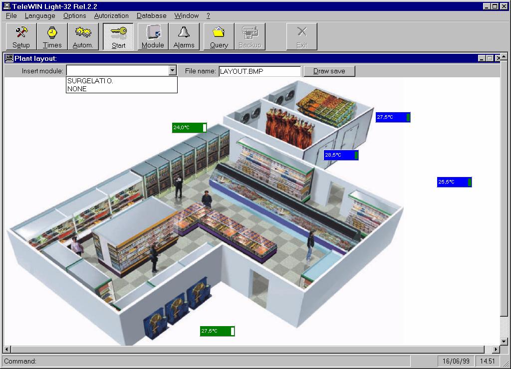 LAYOUT AV ANLEGG Denne funksjonen er bare tilgjengelig i Light-32 og PROfessional versjonen. Den gjør det mulig å sette inn en tegning av anlegget og sette inn modulene hvor de er.