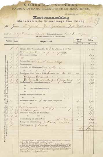 S. Schukert firmos iš Niurnbergo 1889 m. vasario 27 d. elektros apšvietimo įrengimo sąmata (LVIA, F. 1177, Ap. 1, B. 6179, L.