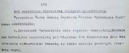 LCVA, F.R-754, Ap. 4a, B. 480, L. 52 Rietavo apskrities VK toliau rūpinosi miesto elektrifikavimu. VK 1949-06-17 Protokole Nr. 21, p.