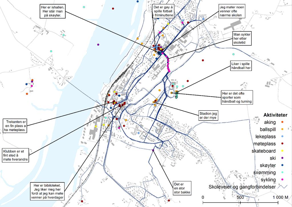 11 Møteplasser, lekeplasser og aktiviteter Kartet under viser elevenes møte- og lekeplasser med ulike aktiviteter som er beskrevet og merket med farger.