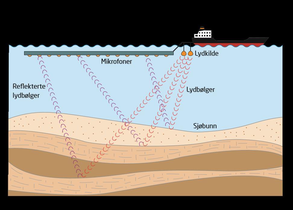 Seismikk Luftkanonen bak skipet sender lyd nedover i vannet. Mikrofonene bak skipet registrerer den lyden som blir reflektert.