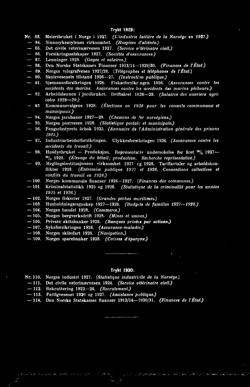 (Salaires des ouvriers agricoles 1928-29.) 93. Kommunevalgene 1928. (Élections en 1928 pour les conseils communaux et municipaux.) 94. Norges jernbaner 1927-28. (Chemins de fer norvégiens.) 95.