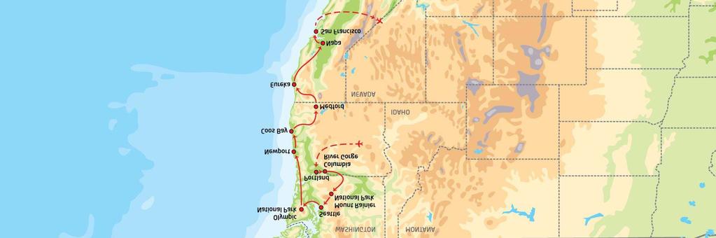 Dagsprogram Dag 1: Ankomst til Portland, Oregon Etter ankomst på Portlands internasjonale flyplass henter dere leiebilen og kjører inn til sentrum og hotellet deres.