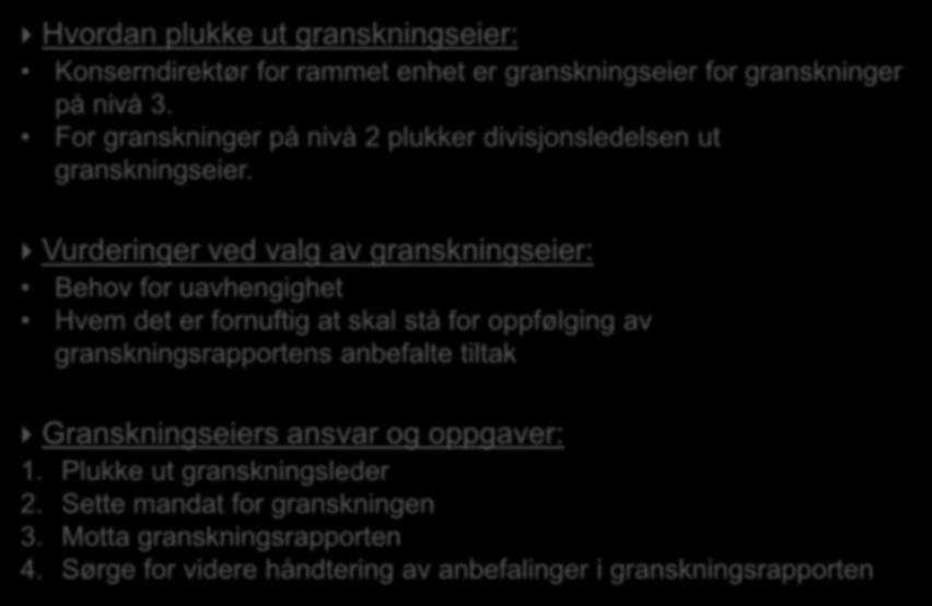 Utnevnelse av granskningseier Hvordan plukke ut granskningseier: Konserndirektør for rammet enhet er granskningseier for granskninger på nivå 3.