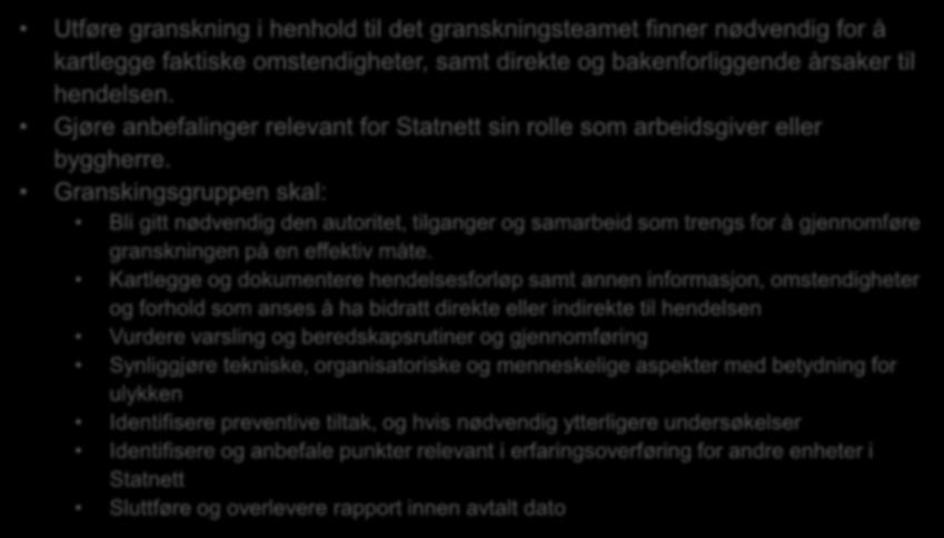 Fastsette mandat for granskning 11 Utføre granskning i henhold til det granskningsteamet finner nødvendig for å kartlegge faktiske omstendigheter, samt direkte og bakenforliggende årsaker til