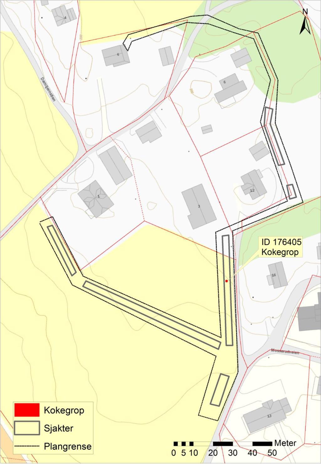 Kart 3: Kart som viser traseen for nytt VA-anlegg, sjaktene