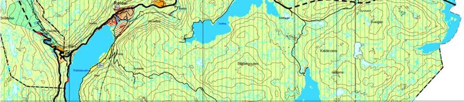Ny, vedteken trasé frå fylkesgrensa på høgfjellet til Røldal er i hovudsak vist som LNF-område der