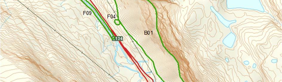 Bekkekløft og bergvegg (F09), bjørkeskog med høgstauder (F04) og sørvendt berg og rasmark (B01). Kart utarbeidet av Eilertsen & Hellen (2017). 5.8.