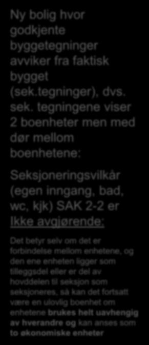 Ny boenhet i eksisterende bolig: Seksjonerings -vilkår (egen inngang, bad, wc, kjk) Tillegg fra sak 2-2 ikke direkte tilgang mellom boenhetene (gjelder eksisterende bolig) Med ny boenhet i