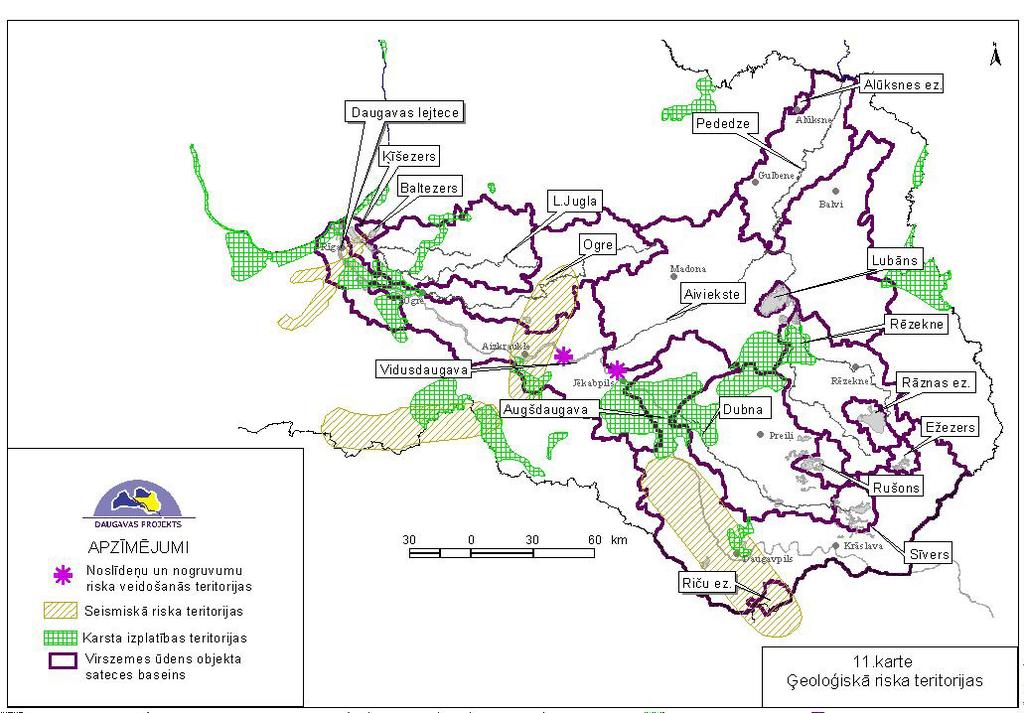 104 8.attēls. Ģeoloģiskā riska teritorijas Daugavas upers baseina teritorijā (Daugavas baseina apgabala apsaimniekošana plāns (2003.)) Pēc Daugavas baseina apgabala apsaimniekošana plānā (2003.