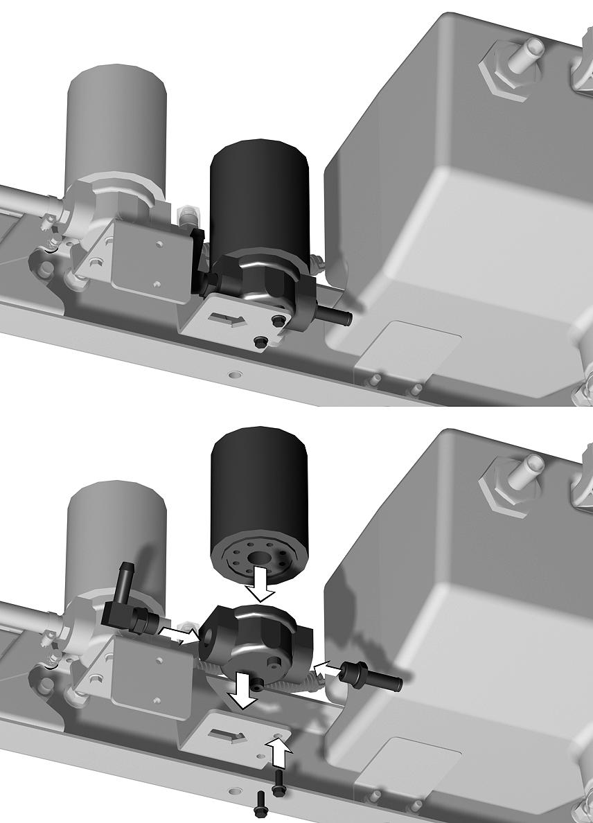 Hydraulisk filter 2. 90 -nippel med mothaker 5. Rammebrakett 3. Rett nippel g009935 2. Fest en rett nippel med mothaker til utgangsåpningen på filterhodet (Figur 11).