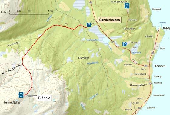 BLÅHEIA (TENNESFJELLET) / MÁTTAVÁRRI 607 moh Turløypa går på det lave fjellpartiet/heiterrenget under Fugltinden opp til ca 550 moh, er merka og er en meget fin tur hele året.