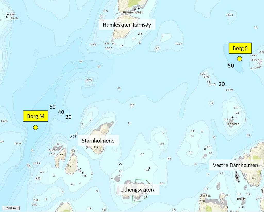 Tabell 1. Posisjon (UTM32, 3263-WGS 84) og dybde for stasjonene Borg M og Borg S på utredete deponiområder i innseilingen til Borg havn.