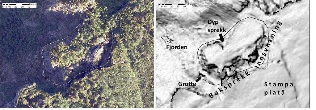 Figur 3 Joasetbergi innsirklet. Venstre ses området på flybilde og høyre med skyggekart Baksprekken mot platået er vertikal og til dels med stort overheng.