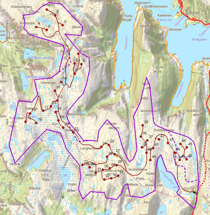 Guleslettene planområde og konsesjon Området er ca. 29 km 2 Lakalisert i Bremanger (75 %) og Flora (25 %) kommune Vindparkens område eies av 45 grunneiere. GVAS har en avtale med disse.