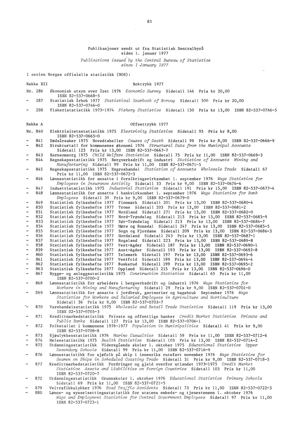 83 I serien Norges offisielle statistikk (NOS): Publikasjoner sendt ut fra Statistisk Sentralbyrå siden 1.