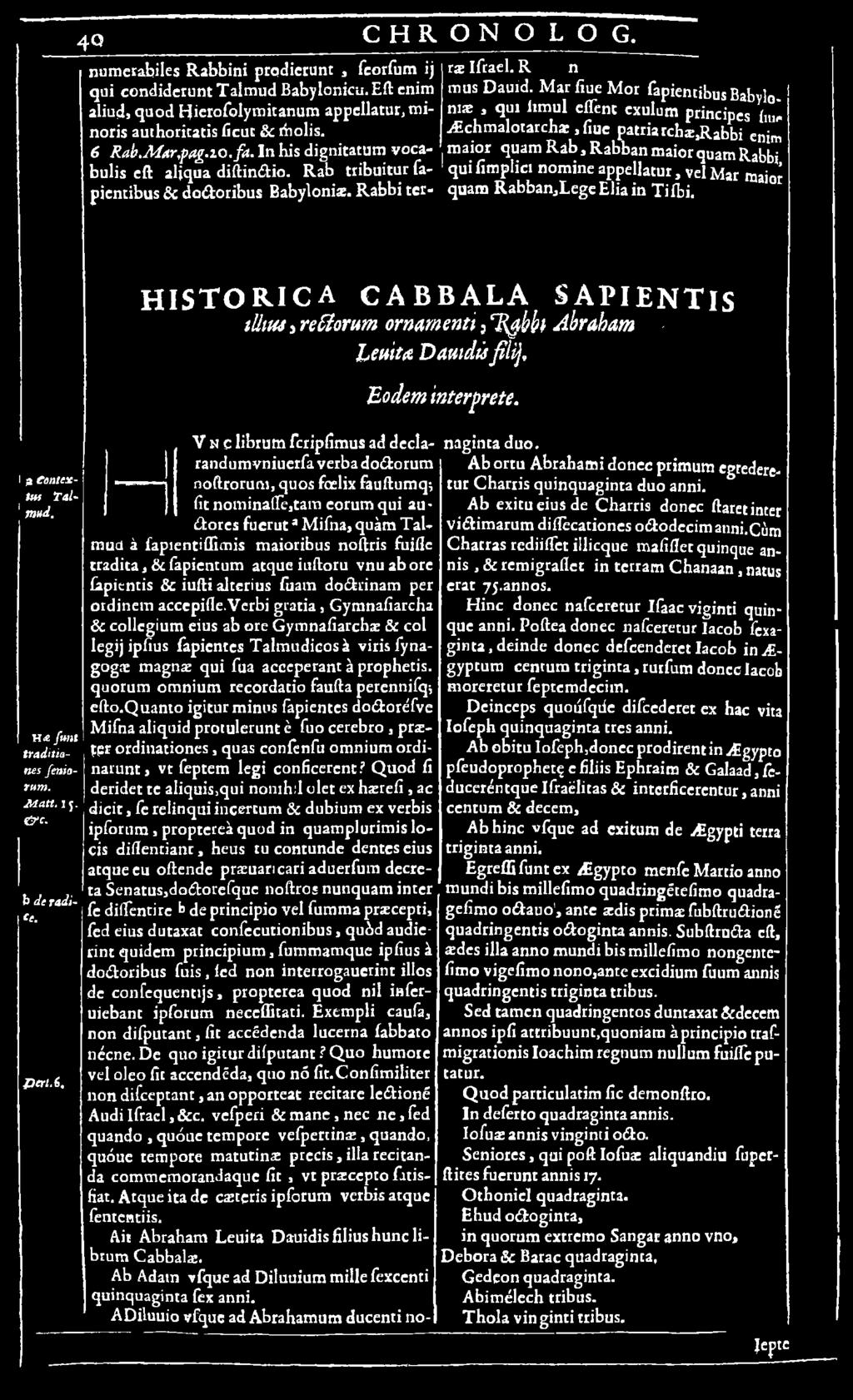 HISTORICA CABBALA SAPIENTIS t l l m > r etö o r u m o r n a m e n t i, T ty h h l A b r a h a m * L e n it a D a u i d ù f i l i ], B o d e m in te r p r e te. I? Context s T a l- 1 m ud.