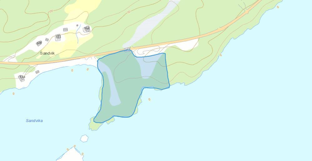 Fritids og turistformål Sandvika Innspill nr: 16? BFT1 Sandvika Eiendom GBnr 36/6 Beskrivelse av området Åpen slette som strekker seg fra parkeringsplassen og ned mot sjøen. Laauvskog på begge sider.