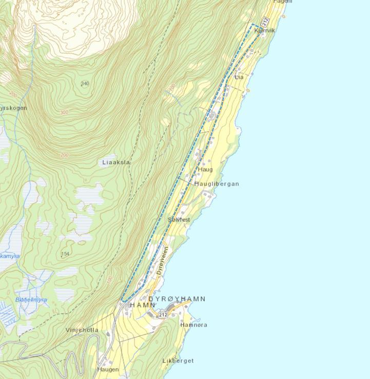 Spredt boligbygging i LNFR Dyrøyhamn Innspill nr: 15 SB11 Dyrøyhamn Eiendom Gnr/bnr 26/8, 27/7, 27/14, 2776, 27/17, 27/3, 27/5, 27/8, 27/2, 27/10, 27/25, 27/18 Beskrivelse av området Bratt li med