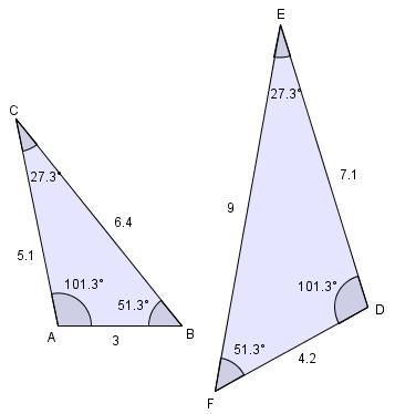 Formlike trekanter Figuren viser to formlike trekanter. Som du ser er to og to vinkler like store.