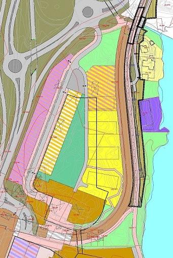 Figur 20: I illustrasjonen er planforslag for sykkelstamveg lagt oppå vedtatt plan for Rådal sentrum/lagunen. Illustrasjonen viser at det er god tilpasning mellom planene. Illustrasjon: G. Ø.