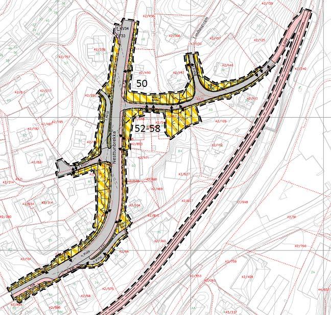 Figur 27: Utsnitt fra plankart (tegn. nr. 4). Sørenden av Lundhaugvegen kobles til Nesttunbrekka, slik at beboerne ikke trenger å kjøre på Osbanelinjen.