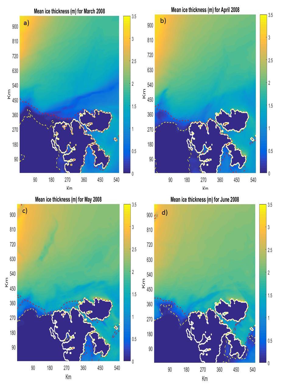 Figure 6. Mean ice thickness for March, April, May and June 2008 from MITgcm simulations.