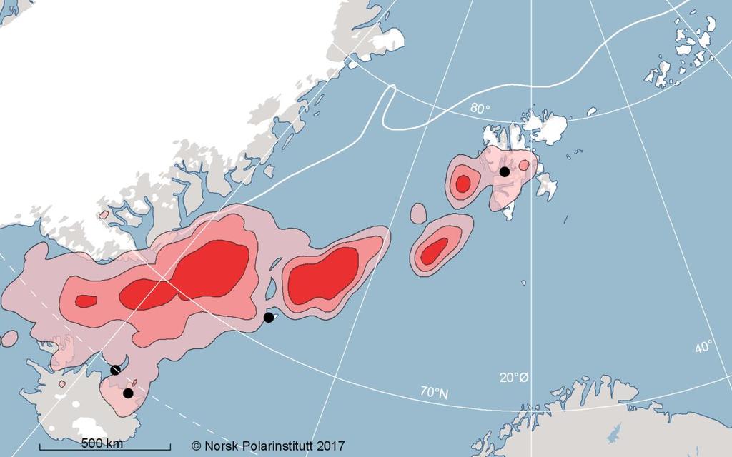 Figur 2. Utbredelse av polarlomvi fra Grimsey, Langanes og Skjalfandi (Island), Jan Mayen (orange) og Isfjorden, Spitsbergen (blå) høsten (august til oktober) 2015. Data: SEATRACK.