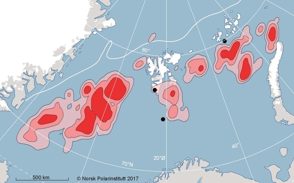 Figur 3. Utbredelse av alkekonge fra Bjørnøya (brun) og Hornsund, Spitsbergen (grønn) og Frans Josef Land (blå) om høsten (august til oktober) 2015. Data: SEATRACK.