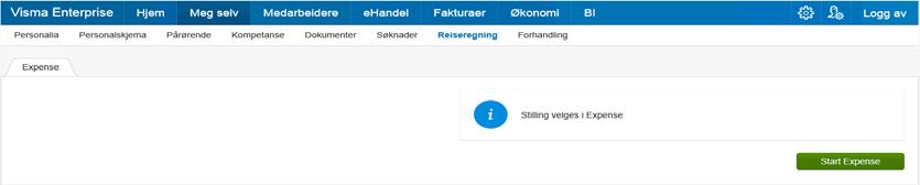 Når dette er akseptert starter du Expense ved å gå inn på «Meg selv», velge «Reiseregning» også trykke på den grønn knappen, som vist i bildet under, uten å bruke passord. 1.2.