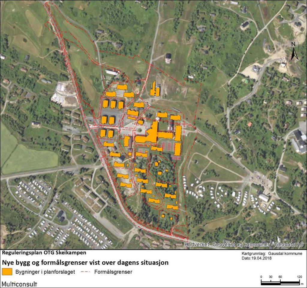 4 Beskrivelse av planforslaget Figur 4-5: Bygg fra planforslaget vist på ortofoto, sammen med fomålsgrenser i