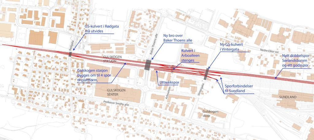 19 av 79 Fra Sundland til Gulskogen stasjon Figur 15: Oversiktskart Sundland til Gulskogen stasjon Mot Gulskogen stasjon er det planlagt nytt dobbeltspor for Sørlandsbanen og et nytt spor for