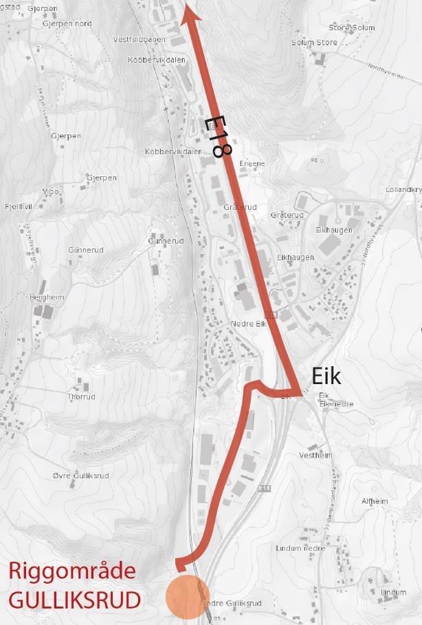 Figur 39: Mulig massetransport fra påhugg Gulliksrud i Skoger via Dråpen industriområde Det er beregnet et overskudd av gravemasser for arbeidene i dagen i Skoger.