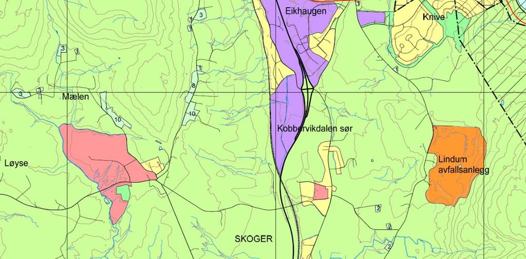 Arealene i retning Gulskogen er ellers avsatt til offentlig bebyggelse (rødt), næring (lilla) og sentrumsformål (brunt).