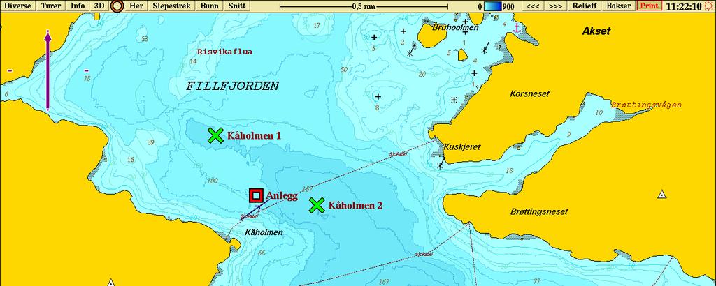 Figur 2.2. Detaljskisse over undersøkelsesområdet med stasjonene og anlegget.