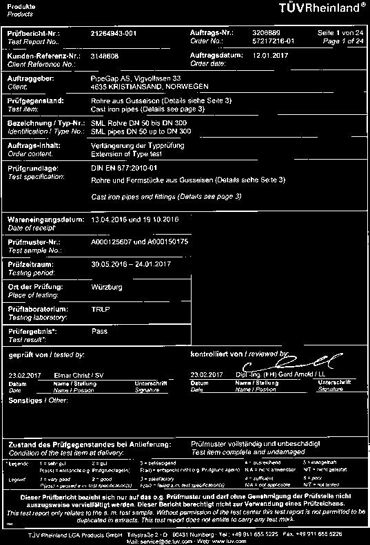 2126443-001 dated/von15.1.2017 Nummer der Bescheinigung Fittings/Forms: 57216314-01 dated/von.8.