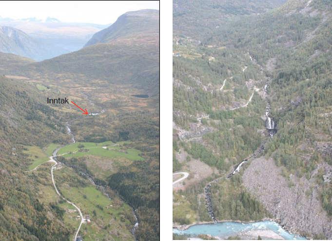 Til venstre: Inntaksområdet ved Skitnamyrtjønni (raud pil). Til høgre: Nedre del av Vigdøla før samløp med Jostedøla.