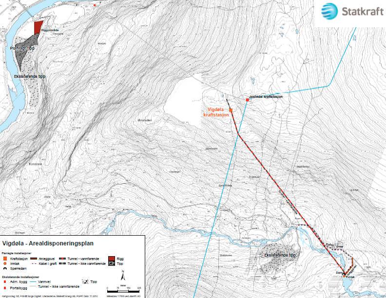 Vigdøla kraftverk: Raud og svart strek er tunnel mellom inntak og