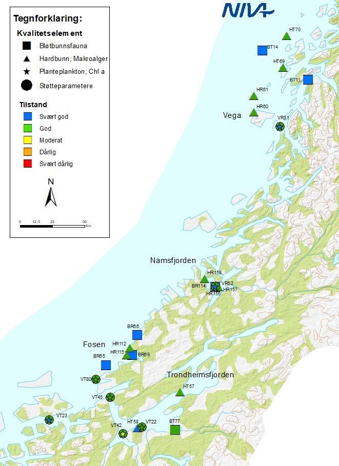 Figur 1. Tilstandsvurdering basert på biologiske kvalitetselementer og vannkjemiske støtteparametere per stasjon i delprogram Norskehavet Sør (II).